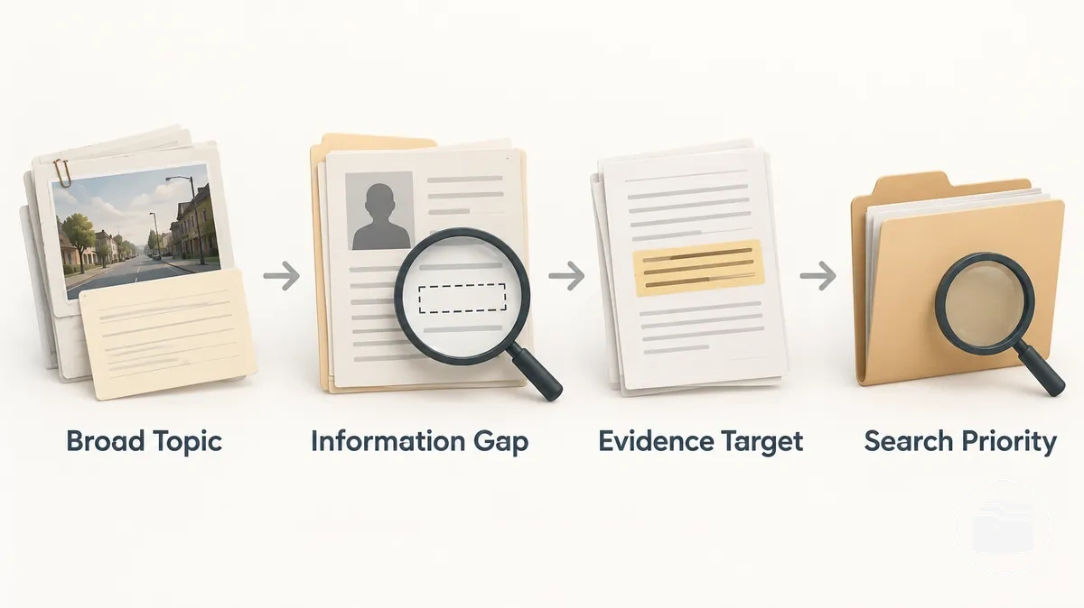 Diagramm: Eingrenzung eines breiten True-Crime-Themas auf Informationslücke, Beweisziel und Suchpriorität