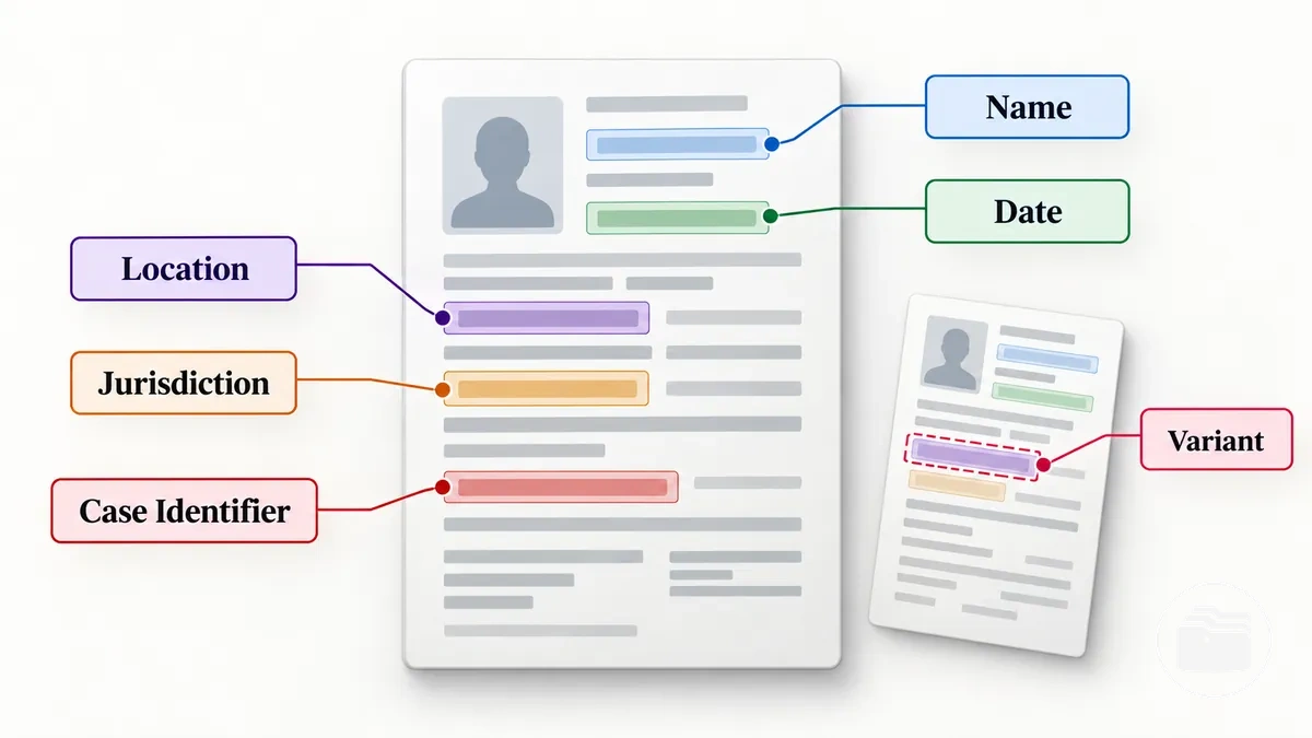 Allgemeiner Recherchedatensatz mit Feldern für Name, Datum, Ort, Zuständigkeitsbereich und Fallkennung zur Disambiguierung
