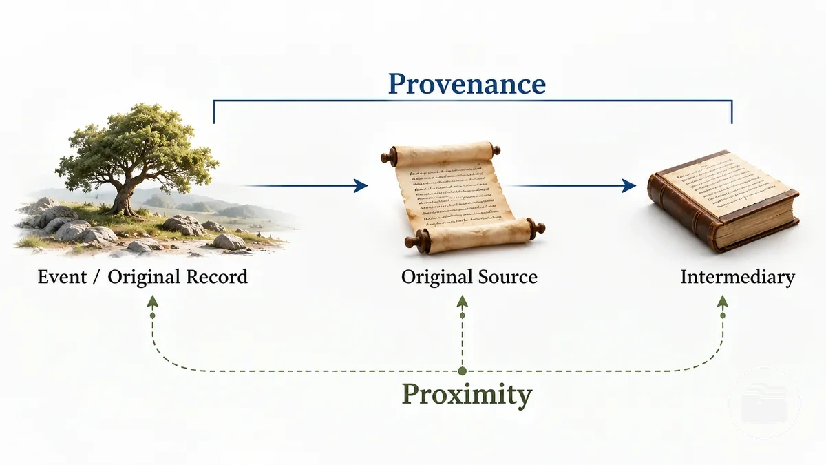 Quellenkettendiagramm, das Provenienz von Nähe zum Ereignis oder Originaldokument unterscheidet.