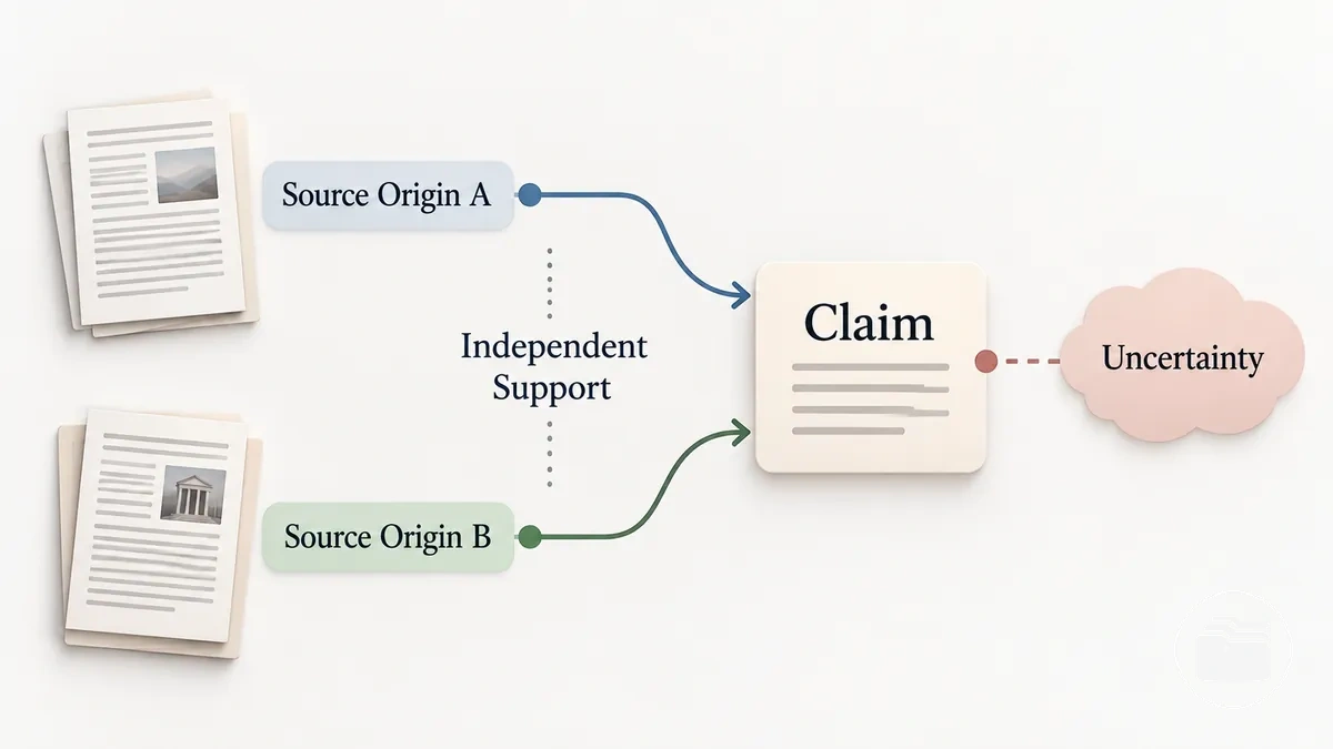 Behauptung in der True-Crime-Recherche, verknüpft mit Quellenherkunft, unabhängiger Unterstützung und einem Unsicherheitsstatus.