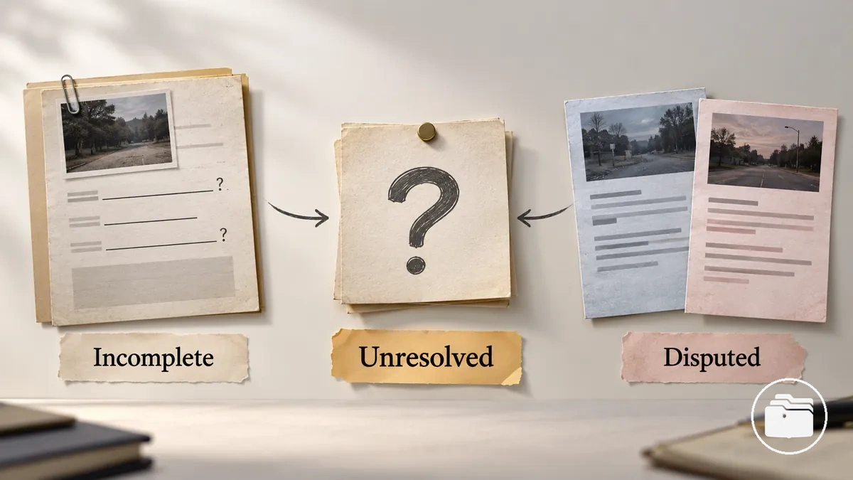 Forschungsnotizen, die unvollständige, umstrittene und ungeklärte Informationen in einem True-Crime-Fall veranschaulichen