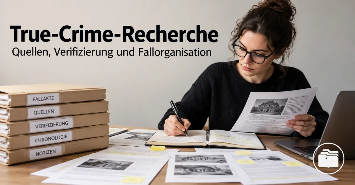 Recherchierende Person beim Ordnen von True-Crime-Quellen, Verifizierungsnotizen und Fallakten