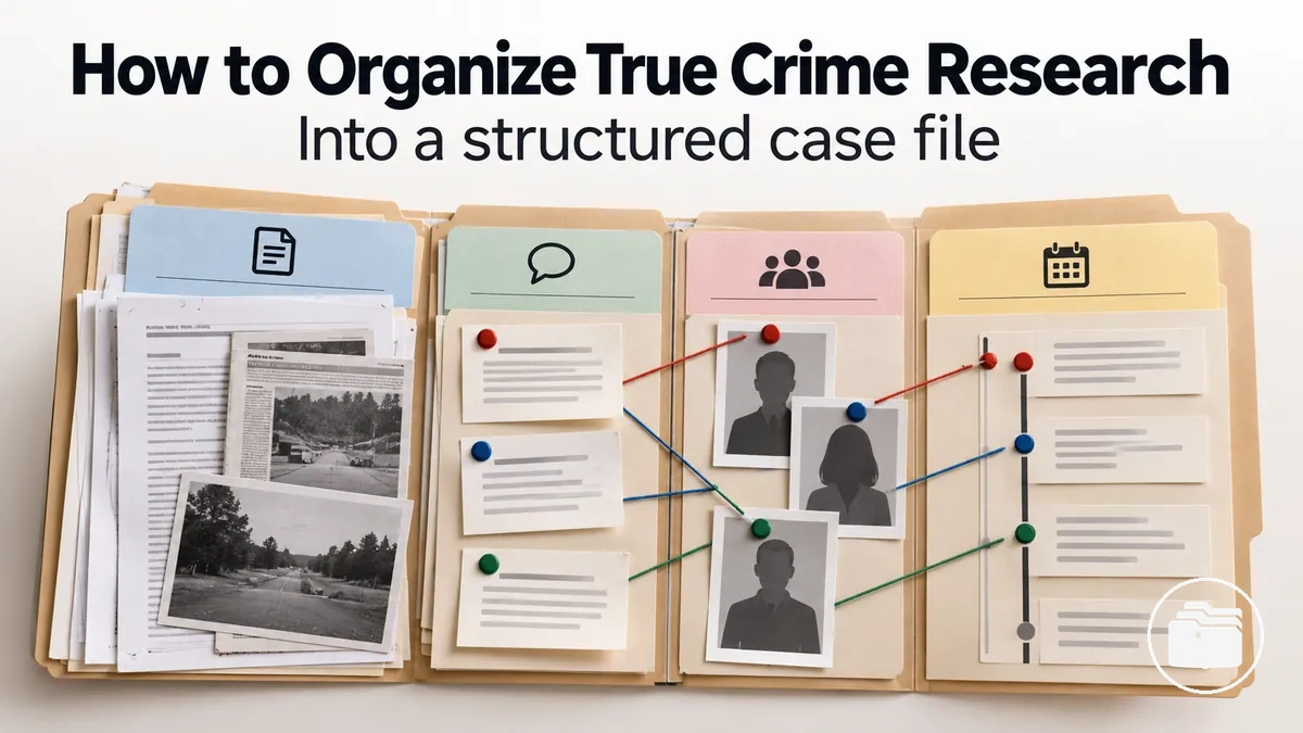 Structured true crime case file linking sources, claims, people and events