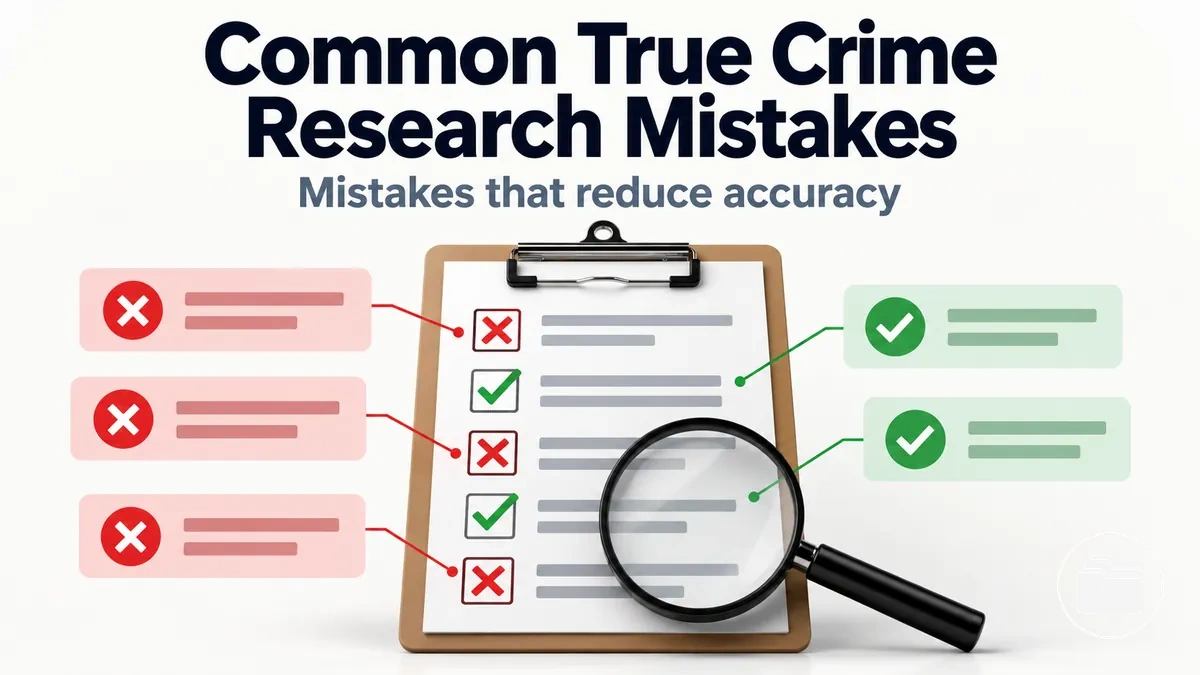 Research checklist highlighting common accuracy mistakes in a true crime case