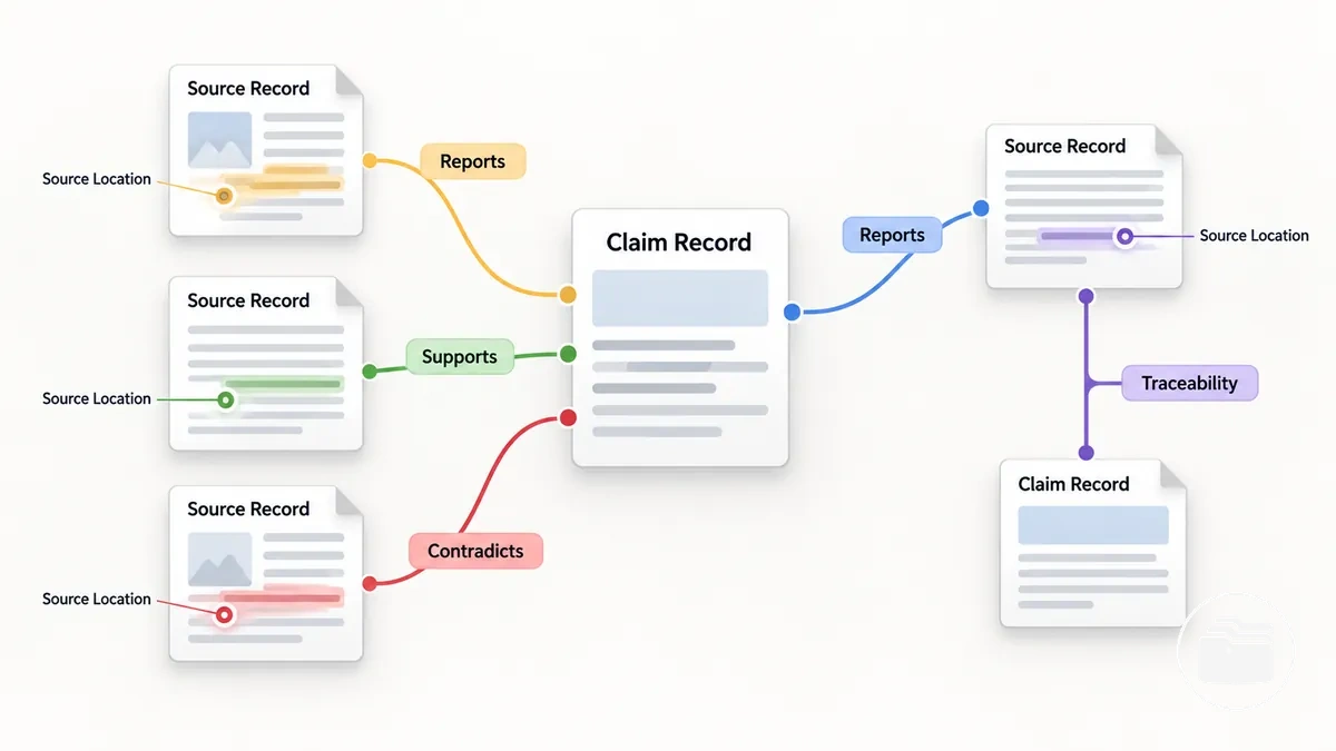 Claim record linked to source records through source IDs, locations, and relationship status