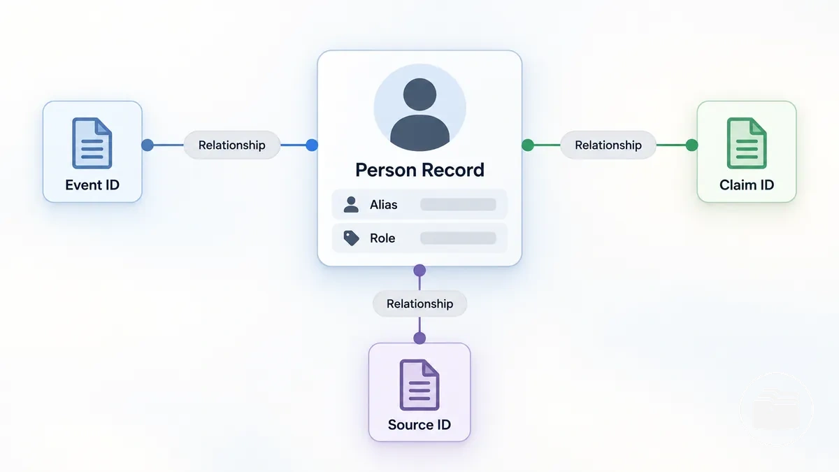 Person record linking identity and relationship fields to related event, claim, and source records