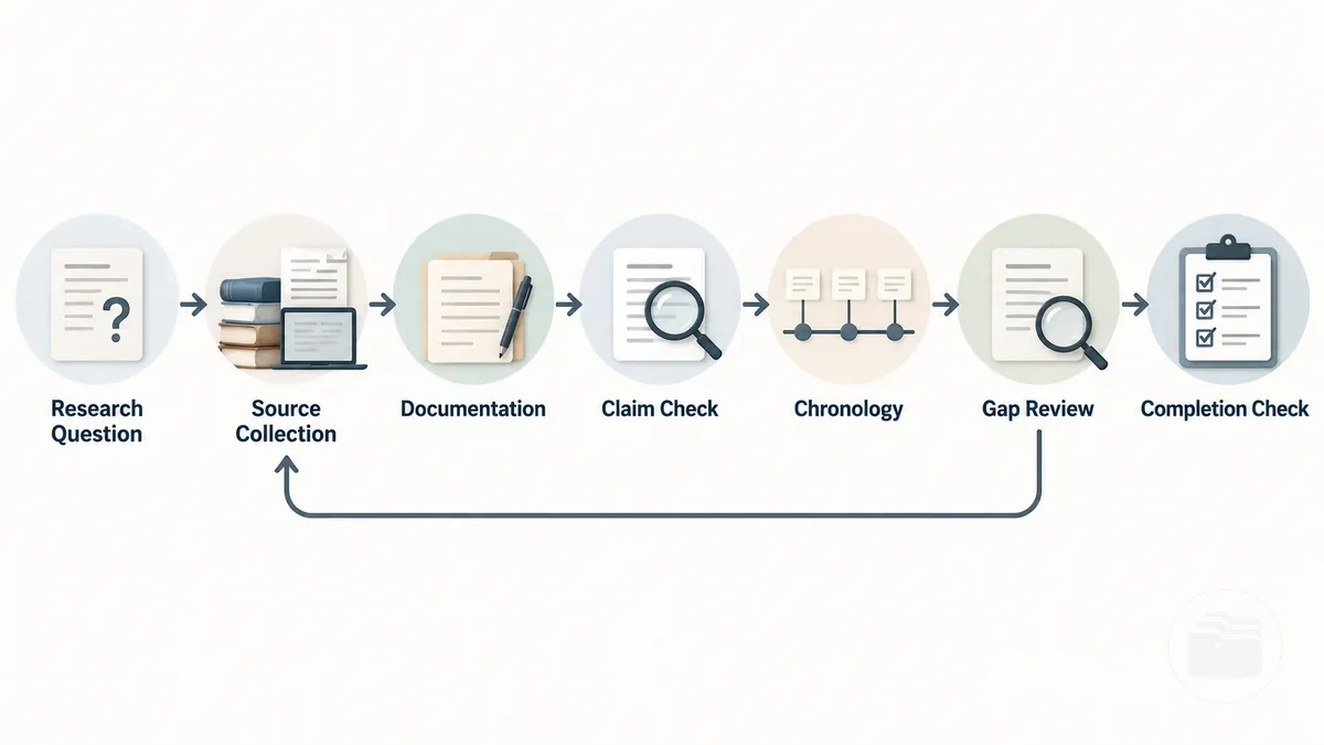 Step-by-step case research workflow from a defined research question through source collection, documentation, claim checking, chronology, gap review, and completion assessment