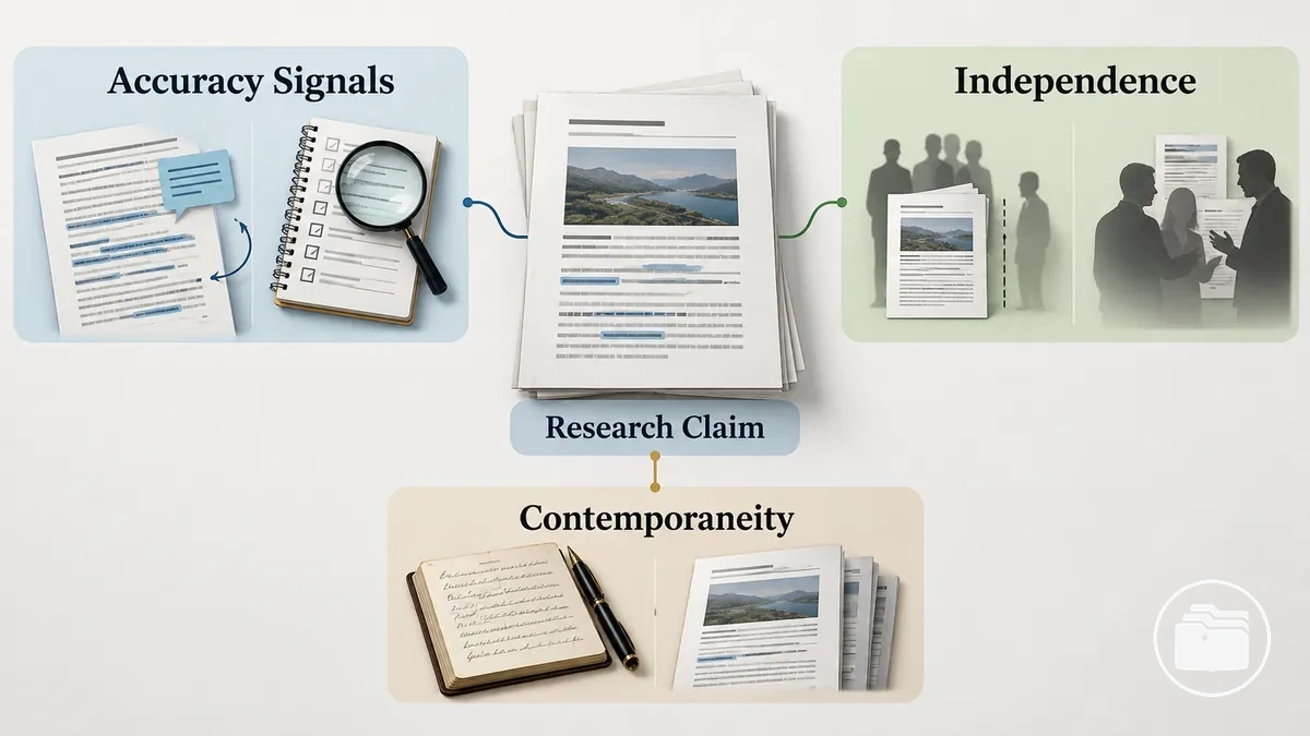 Comparison graphic separating accuracy signals, independence and contemporaneity in source evaluation.