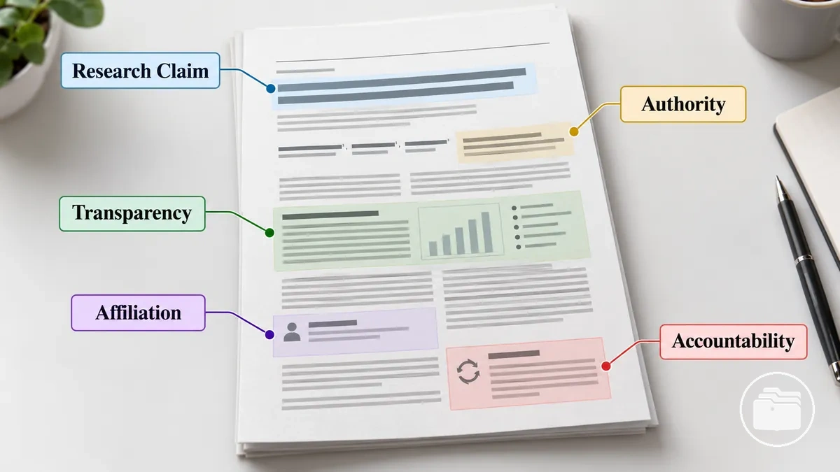 Annotated source showing authority, transparent authorship and sourcing, affiliation disclosure, and accountability mechanisms.