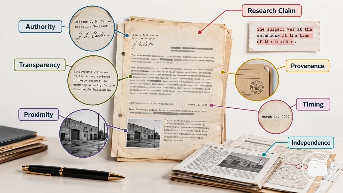 Annotated research source showing authority, transparency, provenance, proximity, independence and timing criteria.