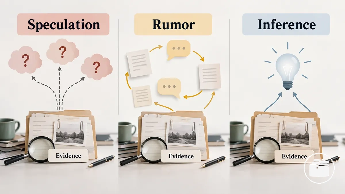 Comparison of speculation, rumor and inference by their evidentiary basis in true crime research.