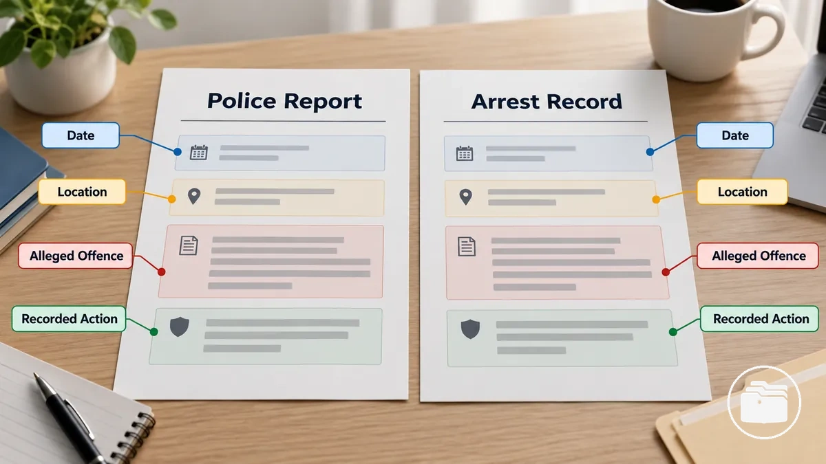 Annotated police report and arrest record showing recorded dates, allegations and actions