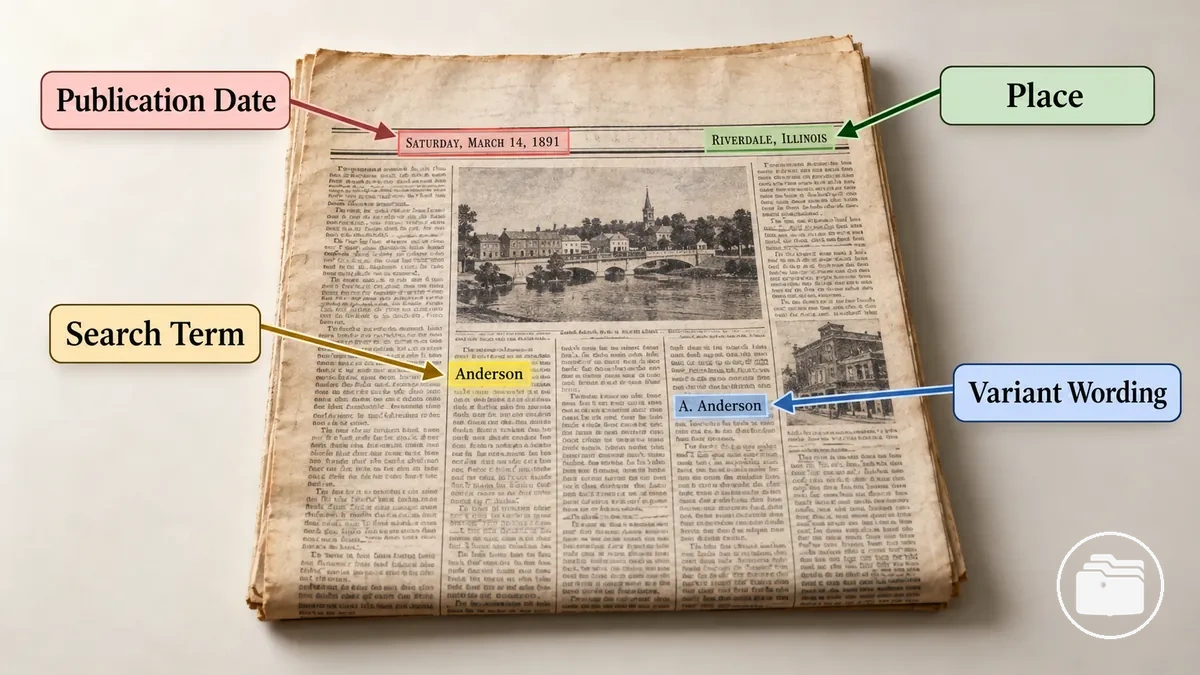 Historical newspaper showing a publication date, place reference, highlighted search term and wording variant for archive research