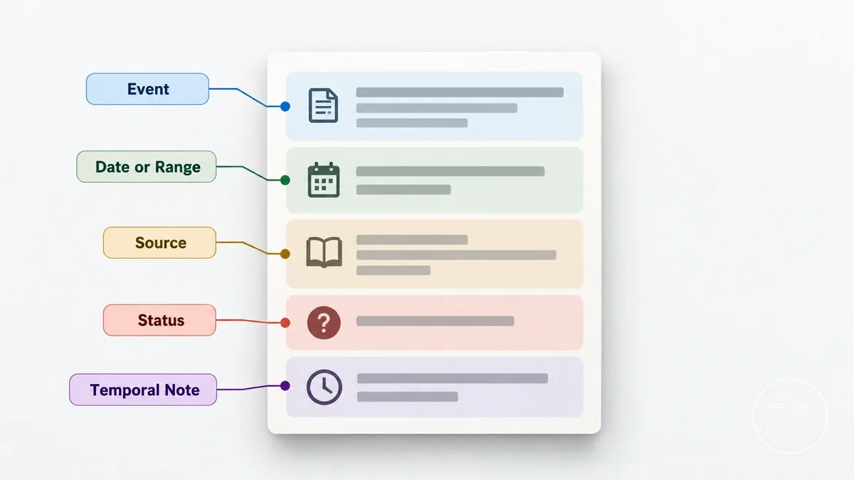 Annotated timeline entry showing event, date range, source citation and uncertainty status