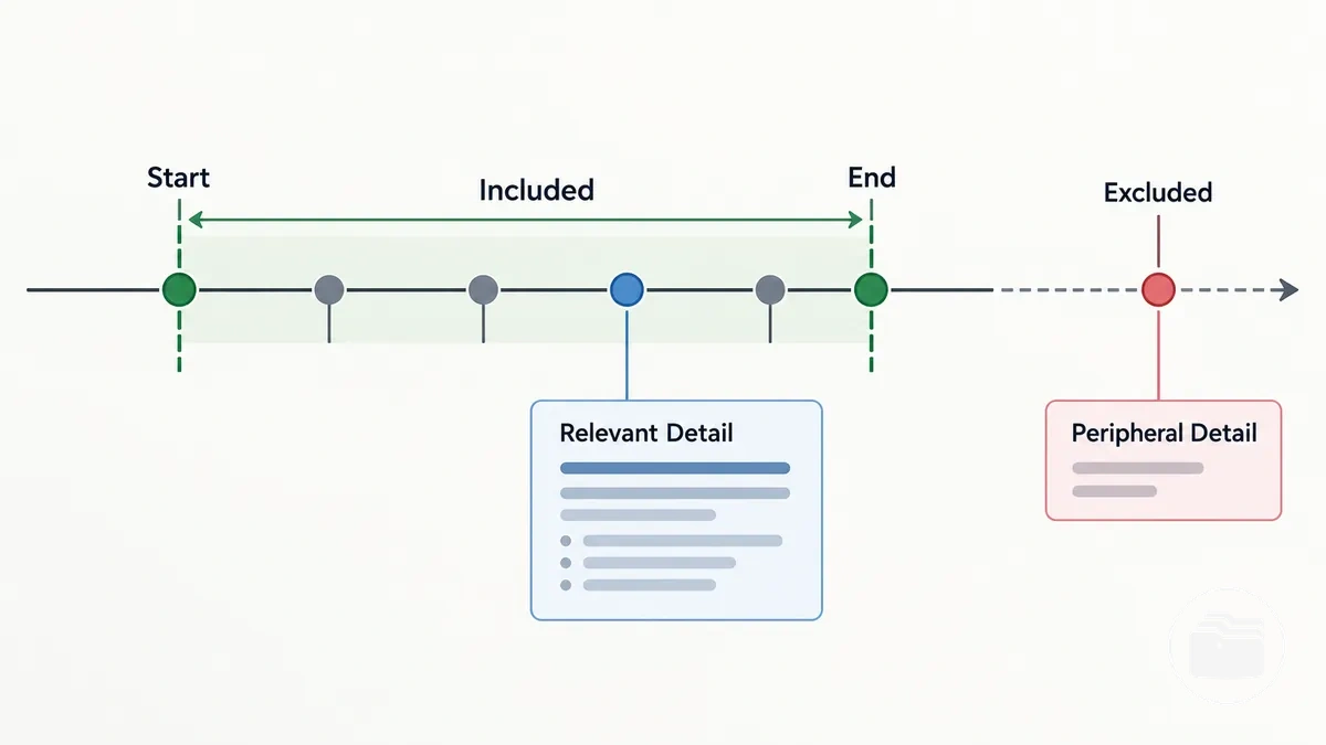 Annotated case chronology with start and end boundaries and filtered event detail