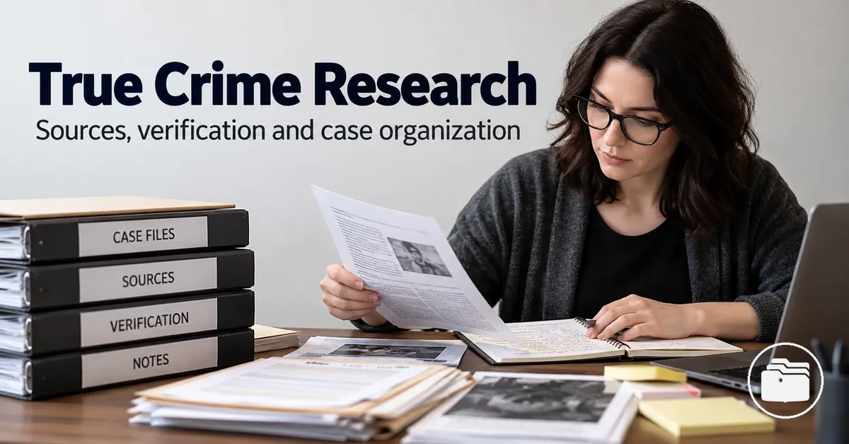 Researcher organizing true crime sources, verification notes and case files