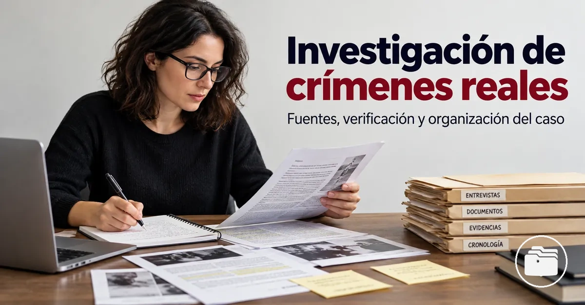 Investigador organizando fuentes sobre crímenes reales, notas de verificación y expedientes de casos