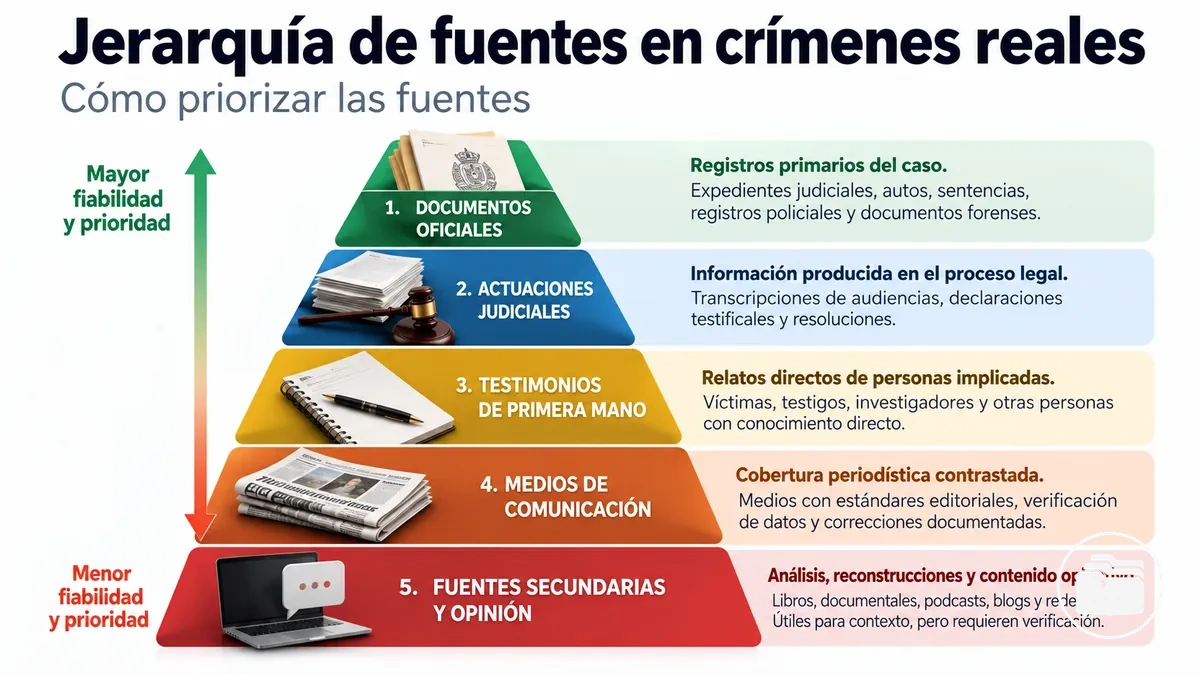 Fuentes para investigar crímenes reales ordenadas por prioridad y fiabilidad