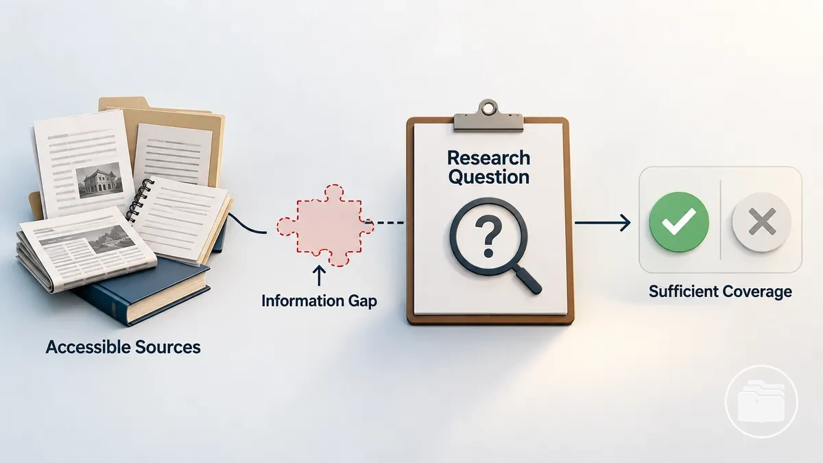 Ilustración que muestra una pregunta de investigación, material accesible procedente de fuentes, una laguna de información y una decisión condicional sobre si el caso es investigable