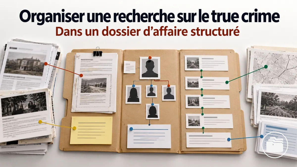 Dossier structuré d’une affaire de true crime reliant sources, affirmations, personnes et événements