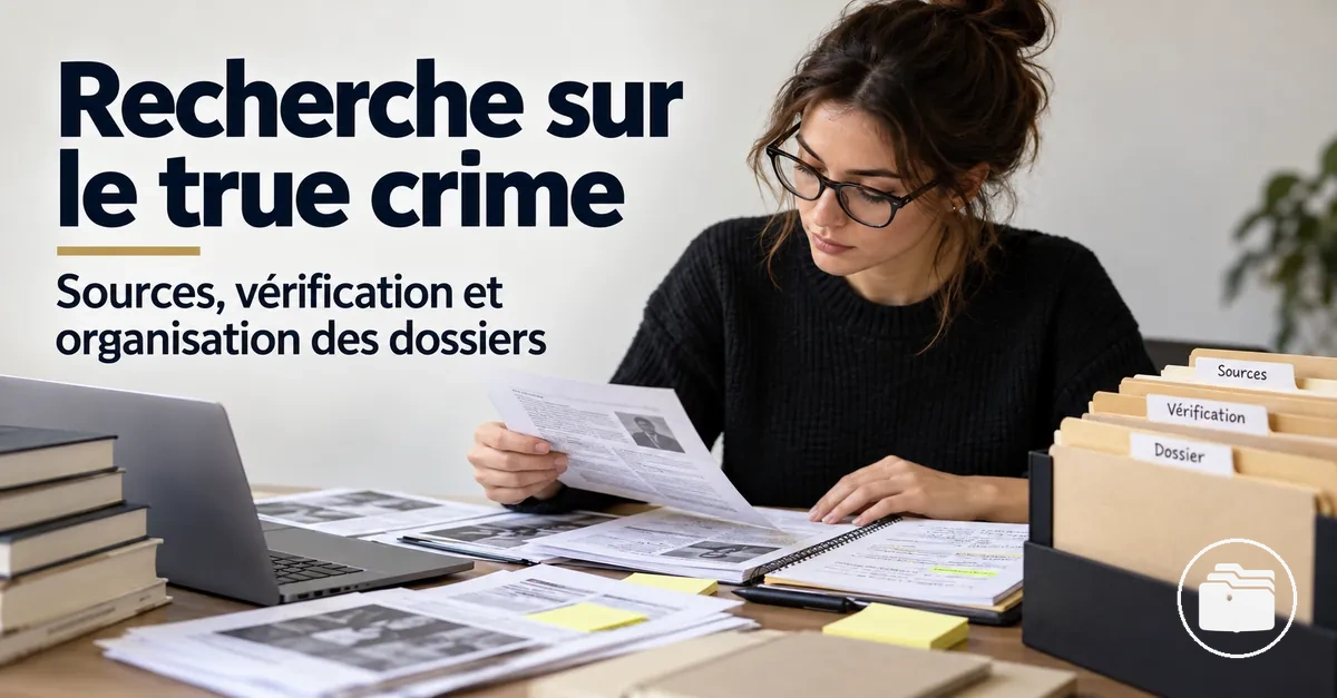 Chercheur organisant des sources de true crime, des notes de vérification et des dossiers d’affaires