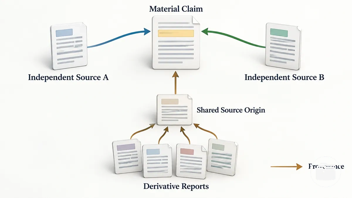 Diagramme de corroboration montrant des sources indépendantes et des rapports multiples dérivés d’une source originale.