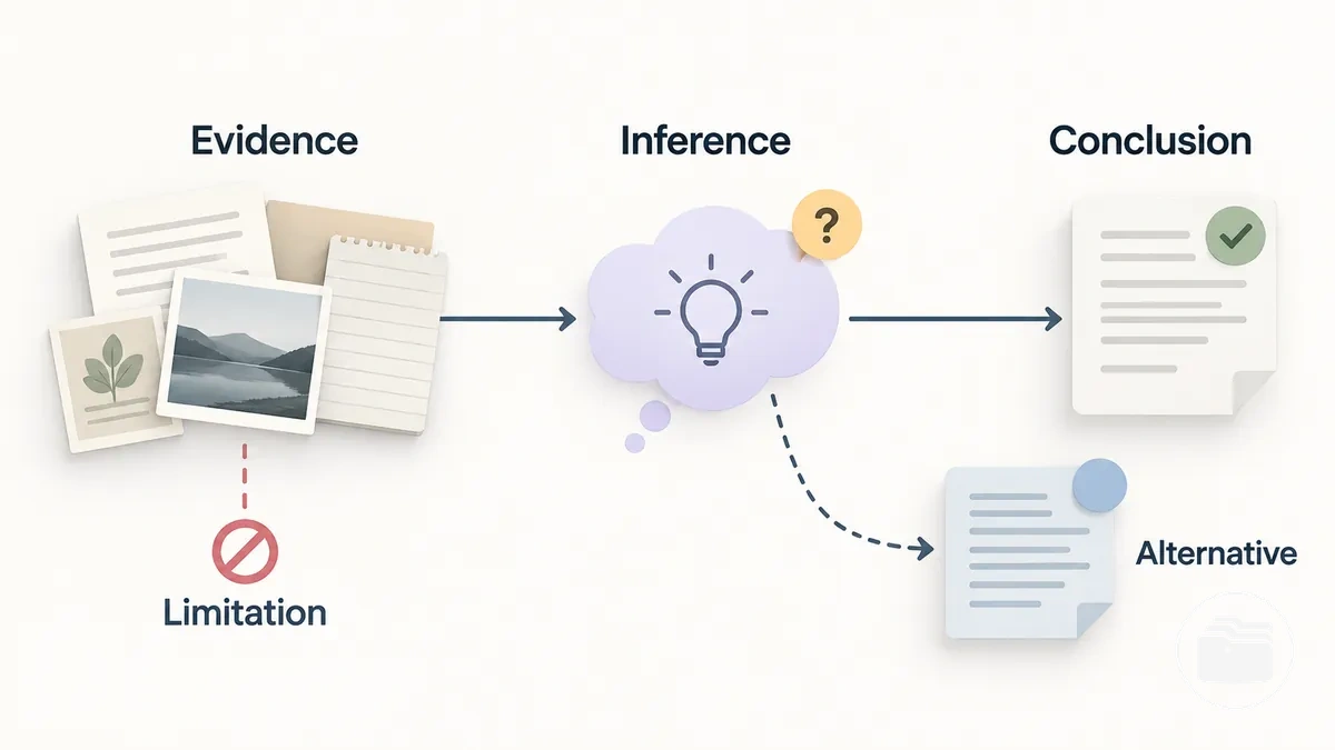 Diagramme séparant les preuves documentées, l’inférence et une conclusion exagérée, avec l’incertitude, les limites et une explication alternative