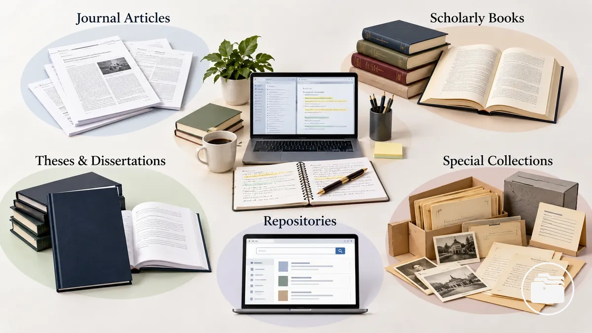 Types de documents universitaires et de bibliothèque utilisés dans la recherche sur les affaires de true crime