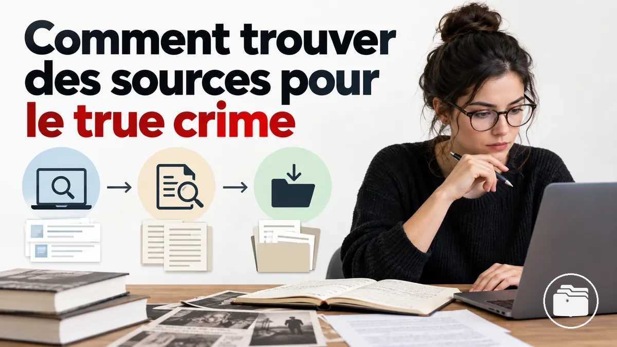 Chercheur repérant et rassemblant des sources pour une affaire de true crime