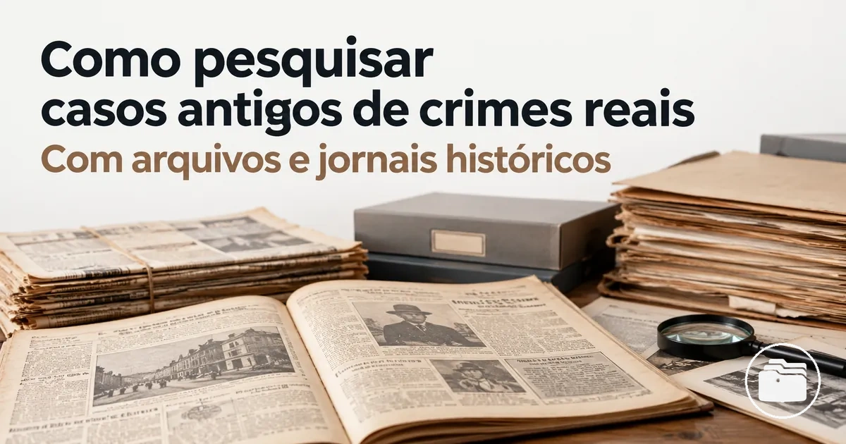 Registros de arquivo e jornais históricos usados para pesquisar um caso antigo