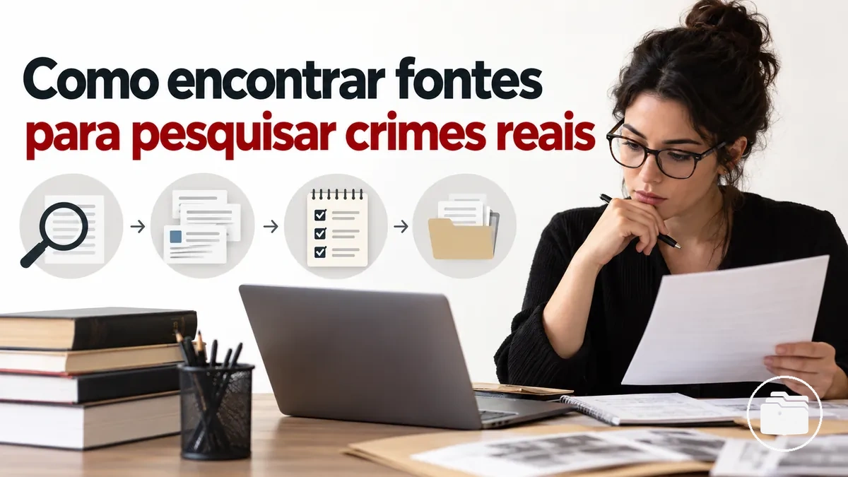 Pesquisador localizando e reunindo fontes para um caso de crime real