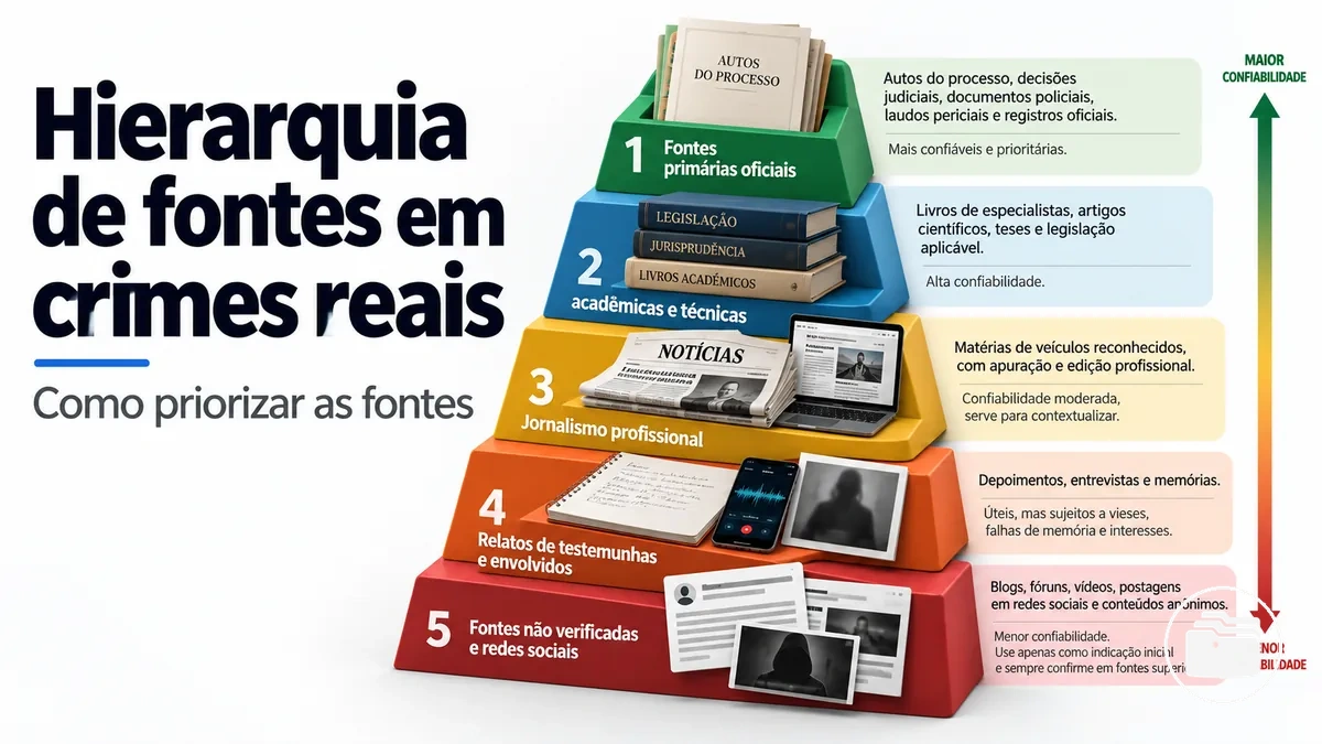 Fontes para pesquisa sobre crimes reais organizadas por prioridade e confiabilidade