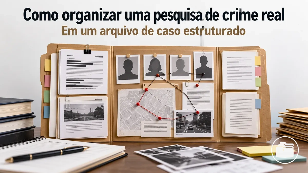Arquivo estruturado de um caso de crime real relacionando fontes, alegações, pessoas e acontecimentos