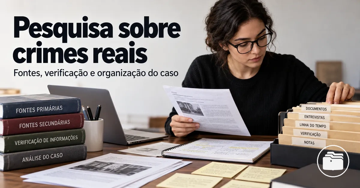 Pesquisador organizando fontes sobre crimes reais, notas de verificação e arquivos de casos