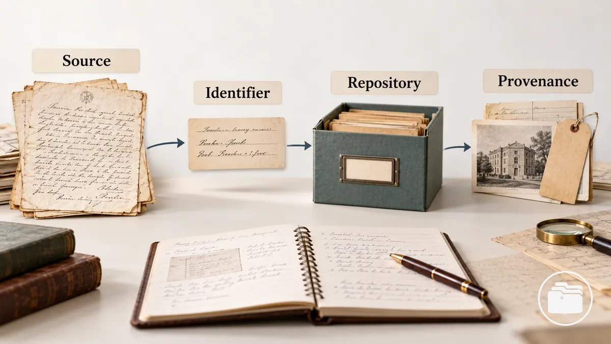 Anotações de pesquisa rastreando a descoberta de uma fonte histórica por meio de referências de registros, repositórios e buscas de acompanhamento
