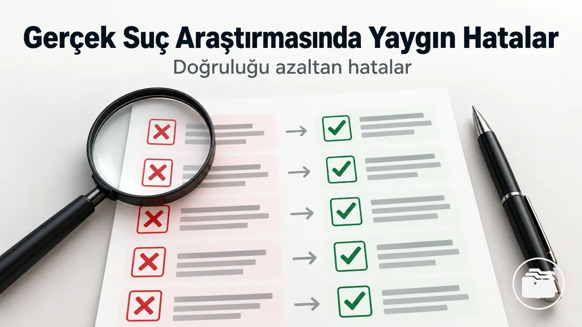 Bir gerçek suç vakasında doğruluğu etkileyen yaygın hataları gösteren araştırma kontrol listesi